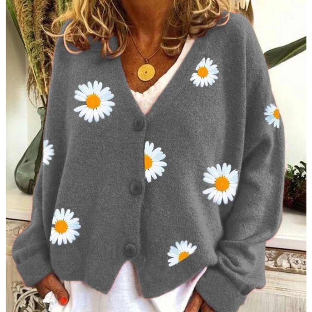 Floral Gray Cardigan Sweater with Daisies - Picture 4 of 10